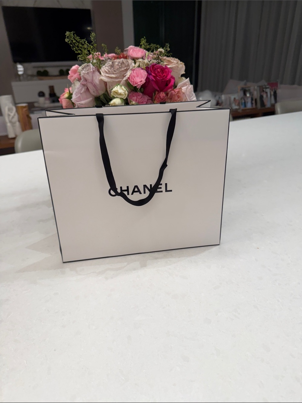 CHANEL White and Black Shopping Tote with Ribbon Handles